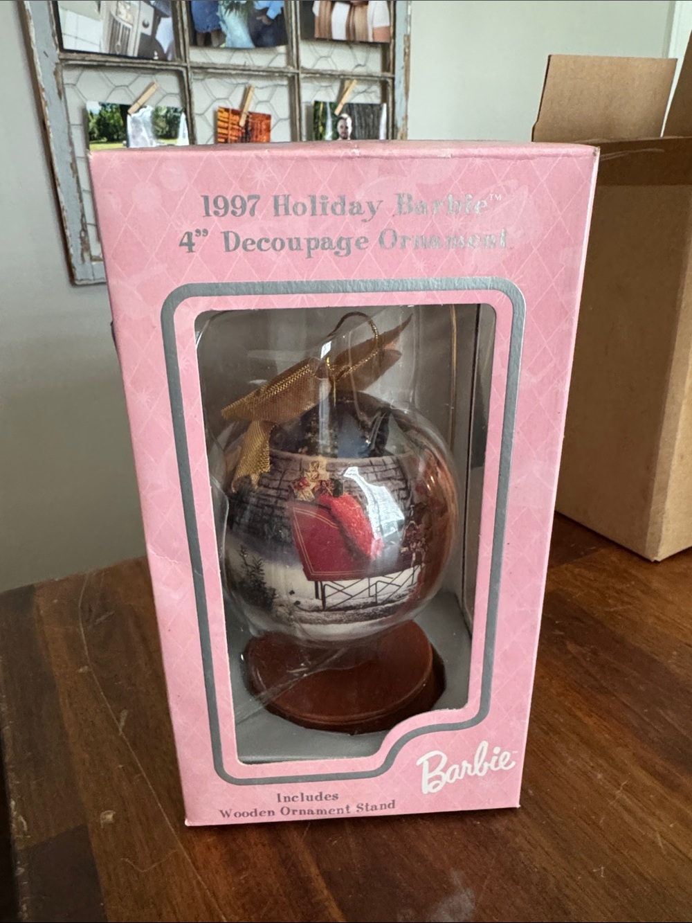 Barbie 1997 Holiday Barbie 4" Decoupage Ornament - Pink Box